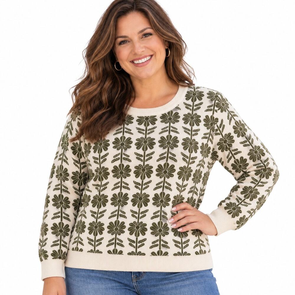Adrianna Papell Floral Sweater Womens Size 2X Ivory Green Cozy Soft Pullover